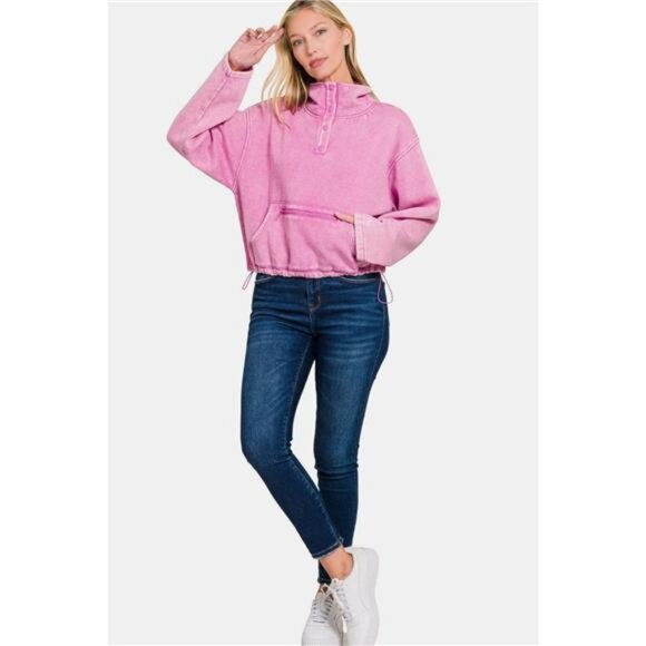 Zenana Acid Wash Fleece Half Snap Sweatshirt with Pocket - Picture 9 of 9